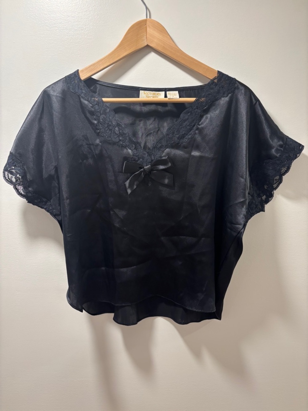 Vintage Gold Label Victorias Secret Black Satin Lace Bow coquette girl top sz S - Picture 1 of 4